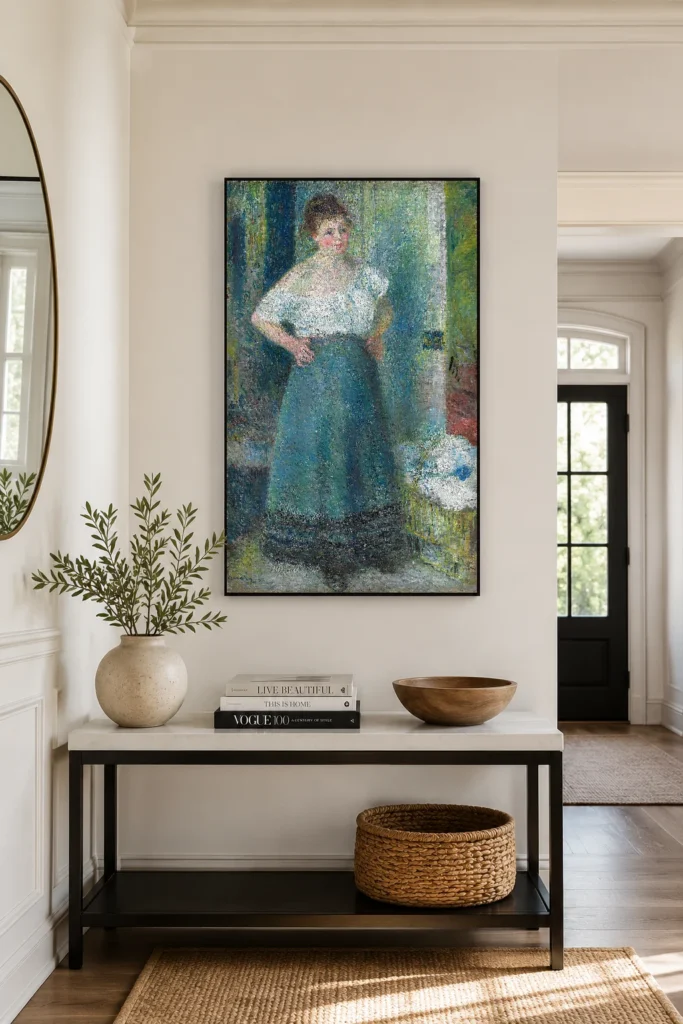 Framed print of The Laundress hanging on a wall in a furnished room