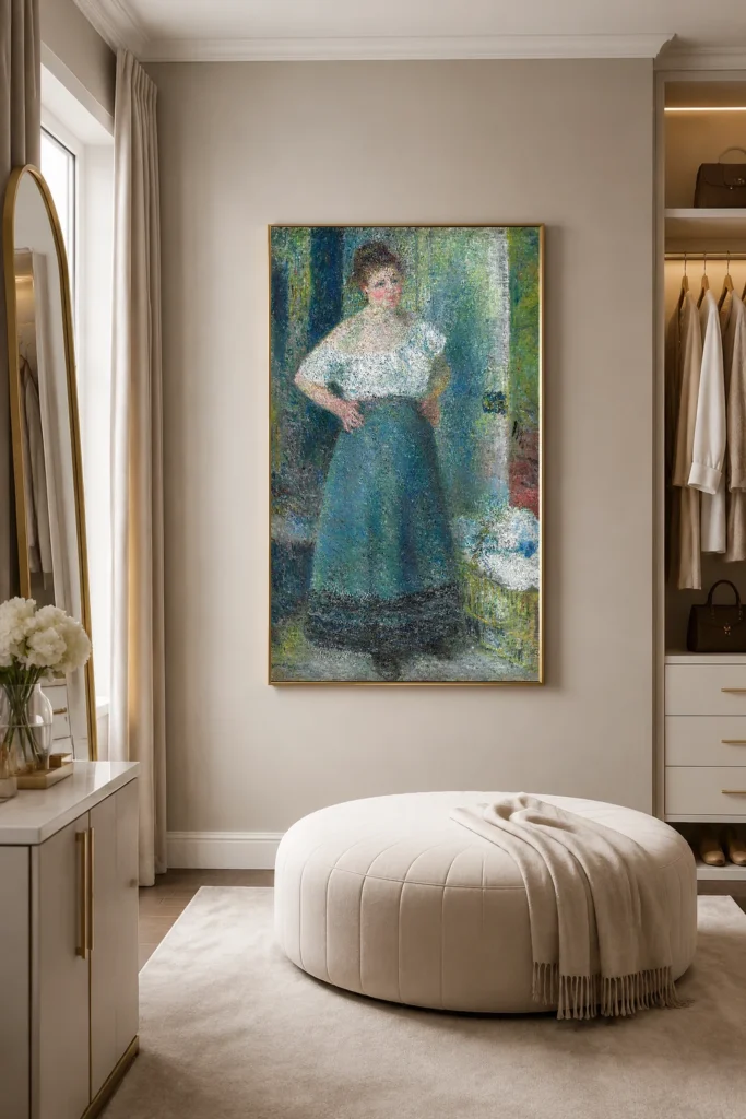 Framed print of The Laundress hanging on a wall in a furnished room