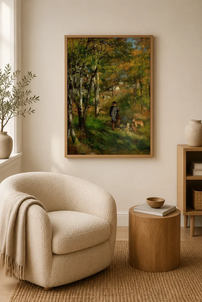 Framed print of The Painter Le Coeur Hunting in the Forest of Fontainebleau hanging on a wall in a furnished room