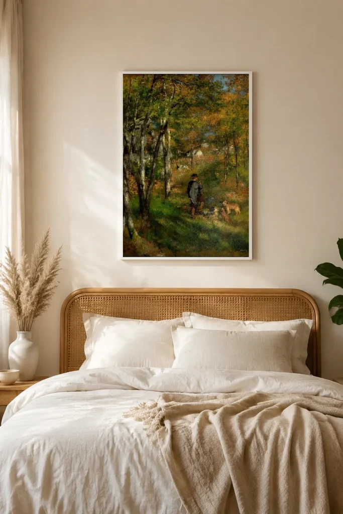 Framed print of The Painter Le Coeur Hunting in the Forest of Fontainebleau hanging on a wall in a furnished room