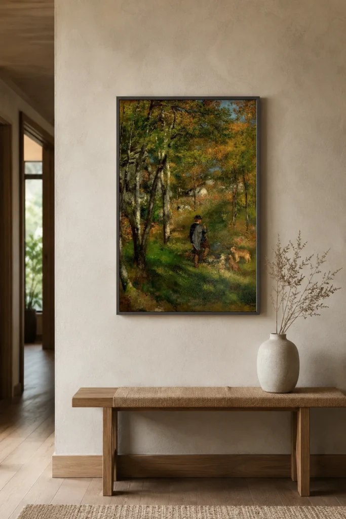 Framed print of The Painter Le Coeur Hunting in the Forest of Fontainebleau hanging on a wall in a furnished room