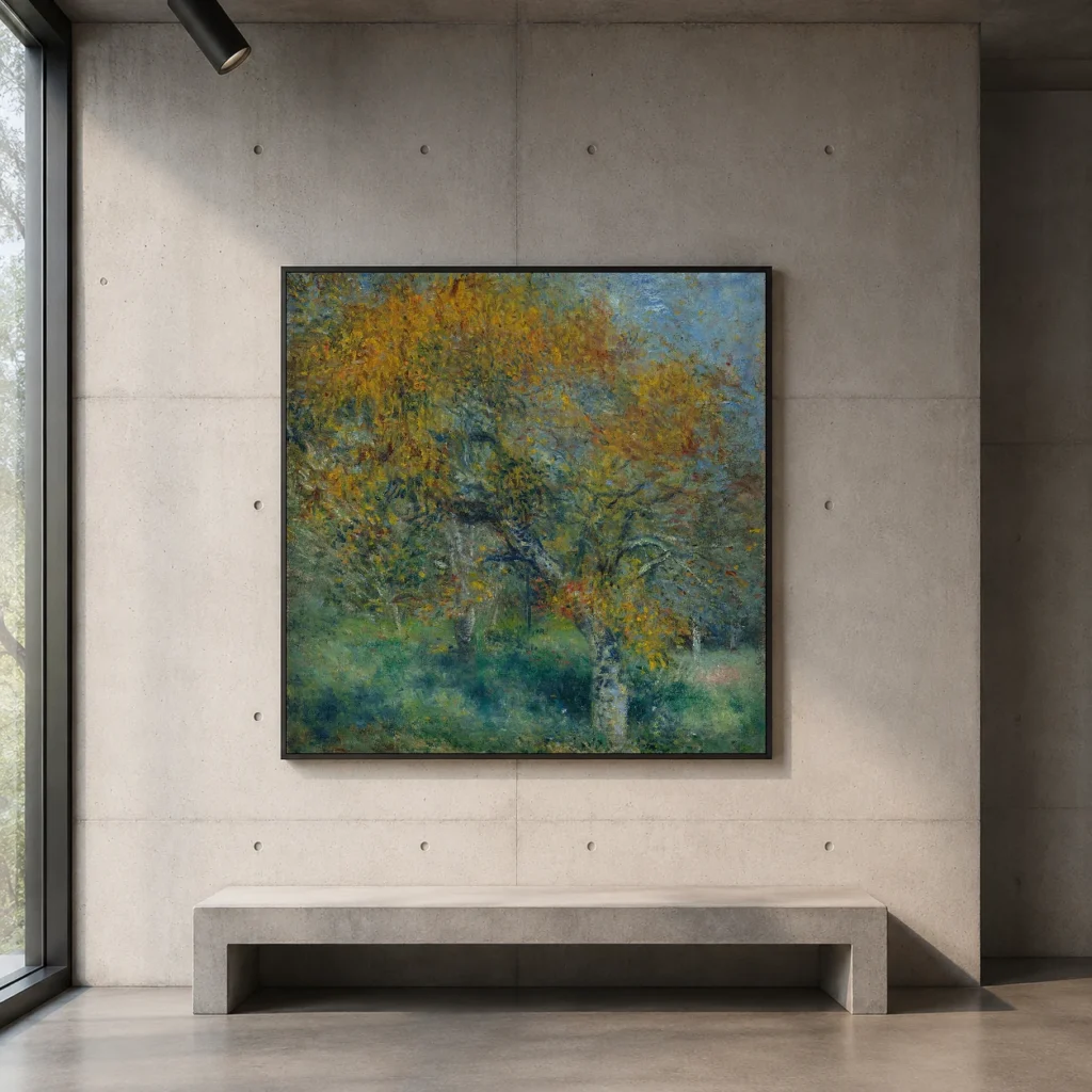 Framed print of The Pear Tree hanging on a wall in a furnished room