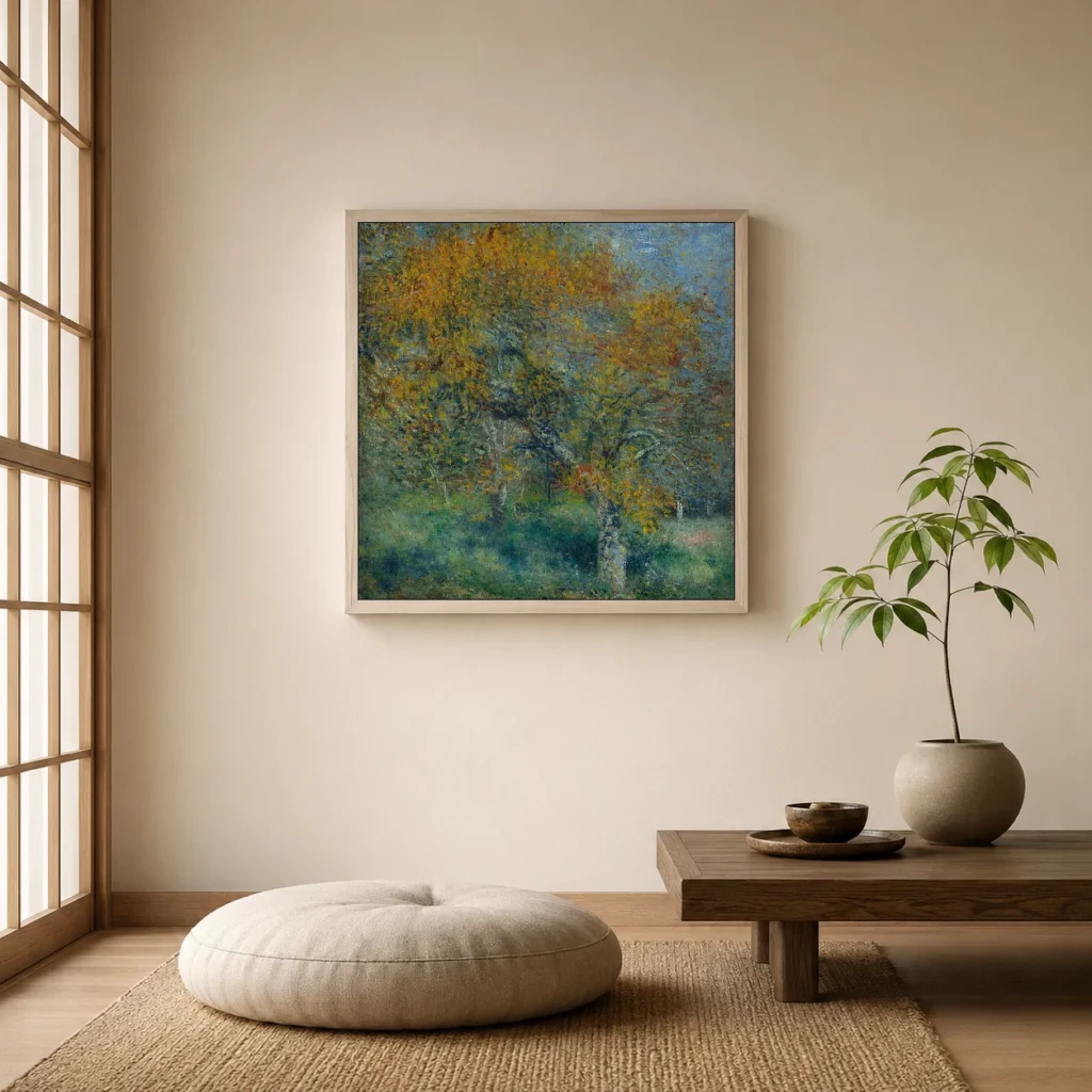 Framed print of The Pear Tree hanging on a wall in a furnished room