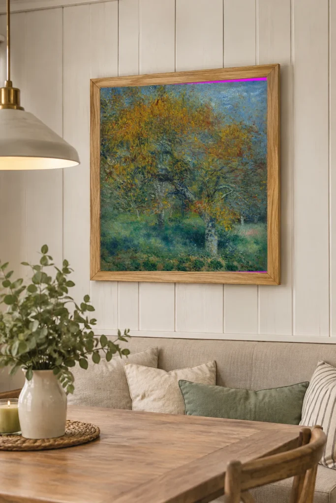 Framed print of The Pear Tree hanging on a wall in a furnished room