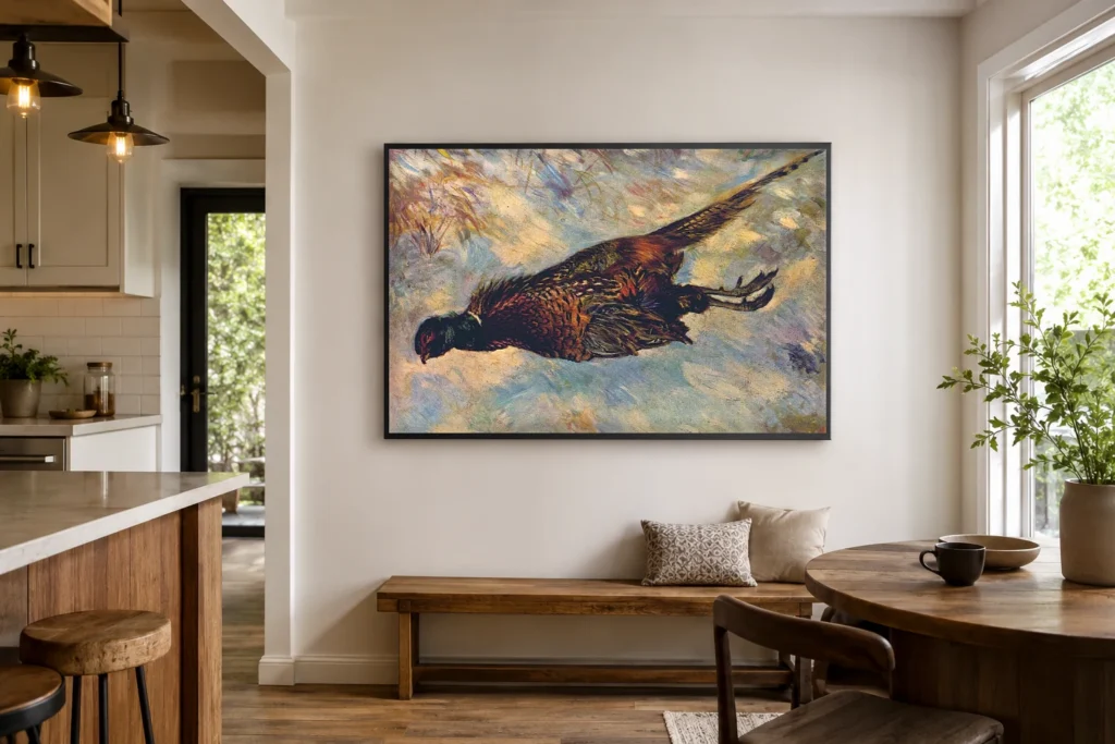 Framed print of The Pheasant hanging on a wall in a furnished room