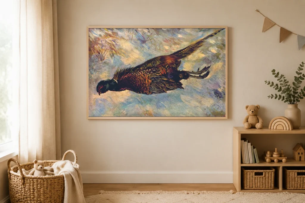 Framed print of The Pheasant hanging on a wall in a furnished room