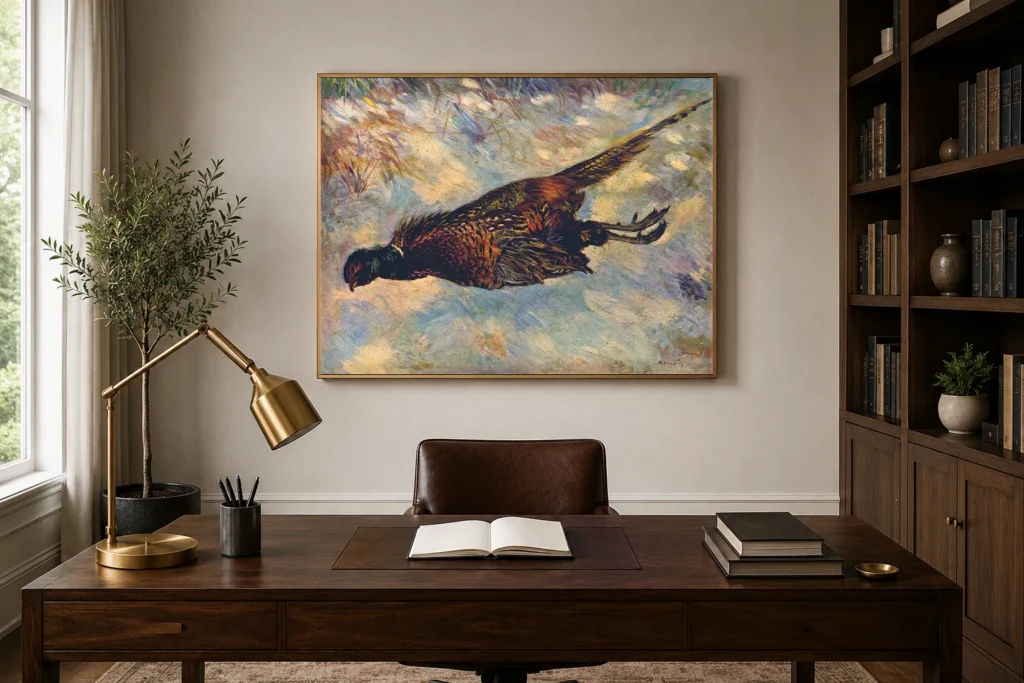 Framed print of The Pheasant hanging on a wall in a furnished room