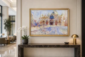 Framed print of The Piazza San Marco, Venice hanging on a wall in a furnished room
