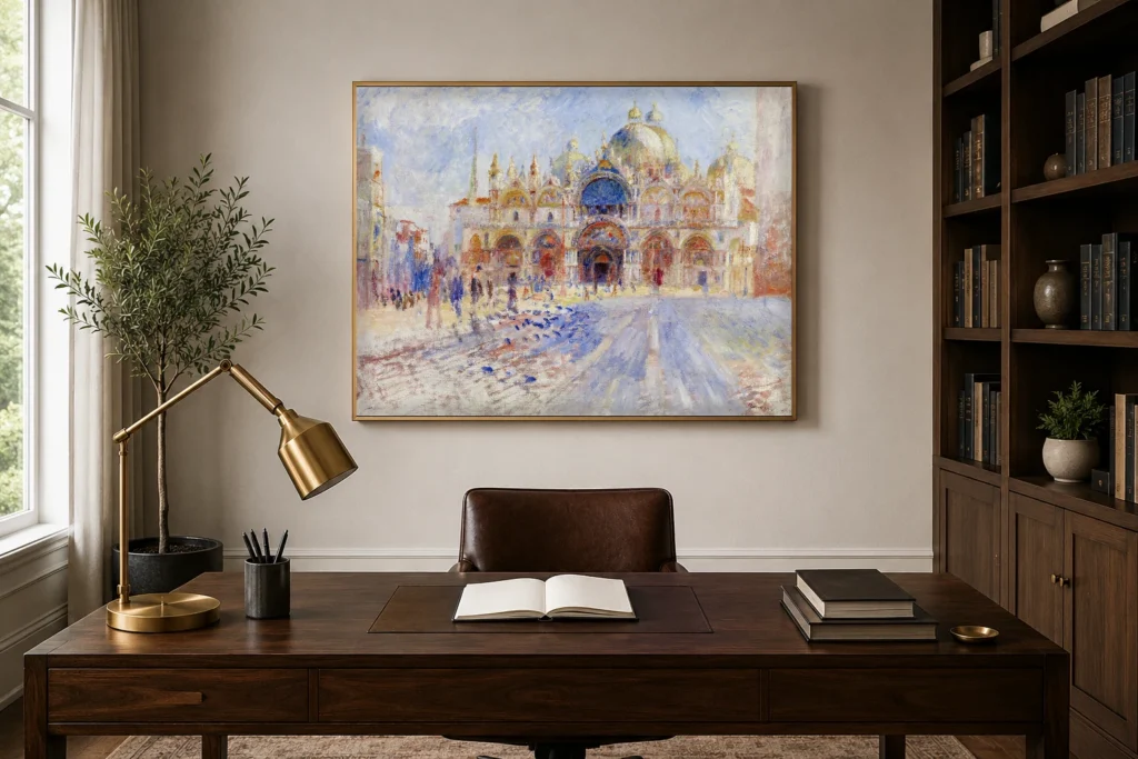 Framed print of The Piazza San Marco, Venice hanging on a wall in a furnished room