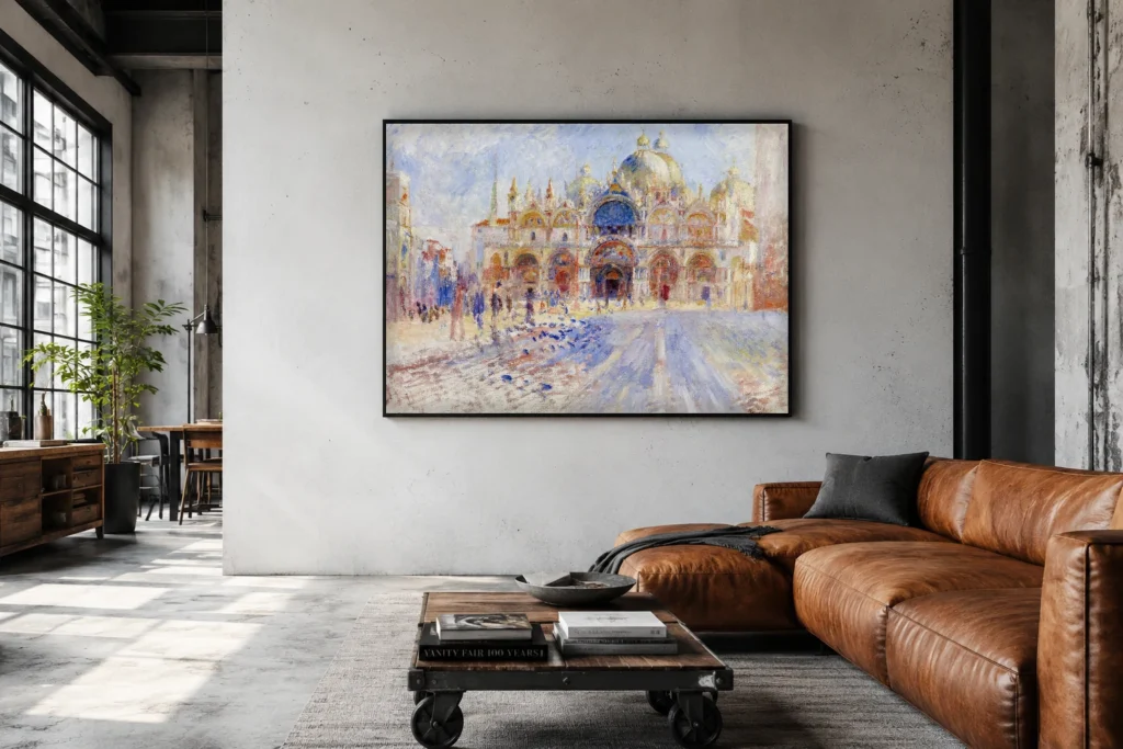 Framed print of The Piazza San Marco, Venice hanging on a wall in a furnished room