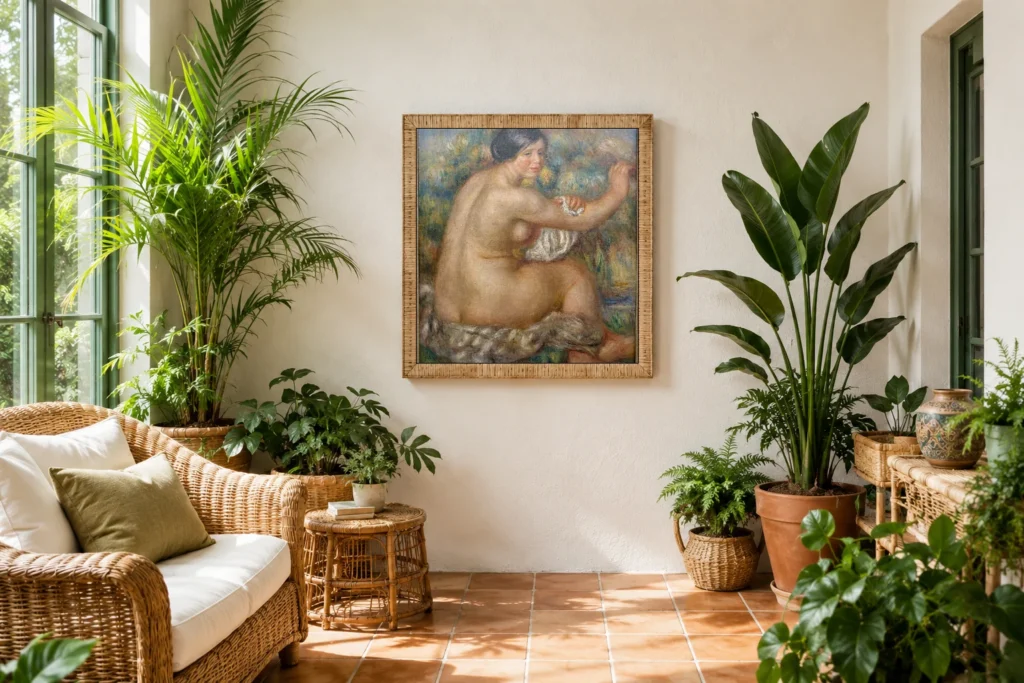 Framed print of Bather Drying her Right Arm, Large Sitting Nude hanging on a wall in a furnished room