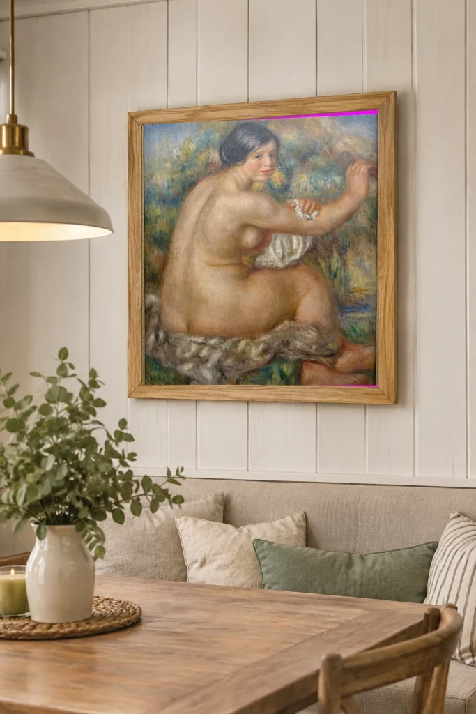 Framed print of Bather Drying her Right Arm, Large Sitting Nude hanging on a wall in a furnished room
