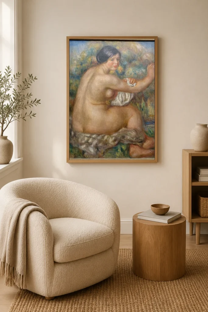 Framed print of Bather Drying her Right Arm, Large Sitting Nude hanging on a wall in a furnished room