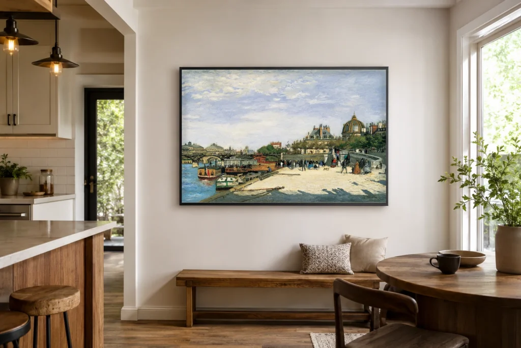 Framed print of The Pont des Arts, Paris hanging on a wall in a furnished room