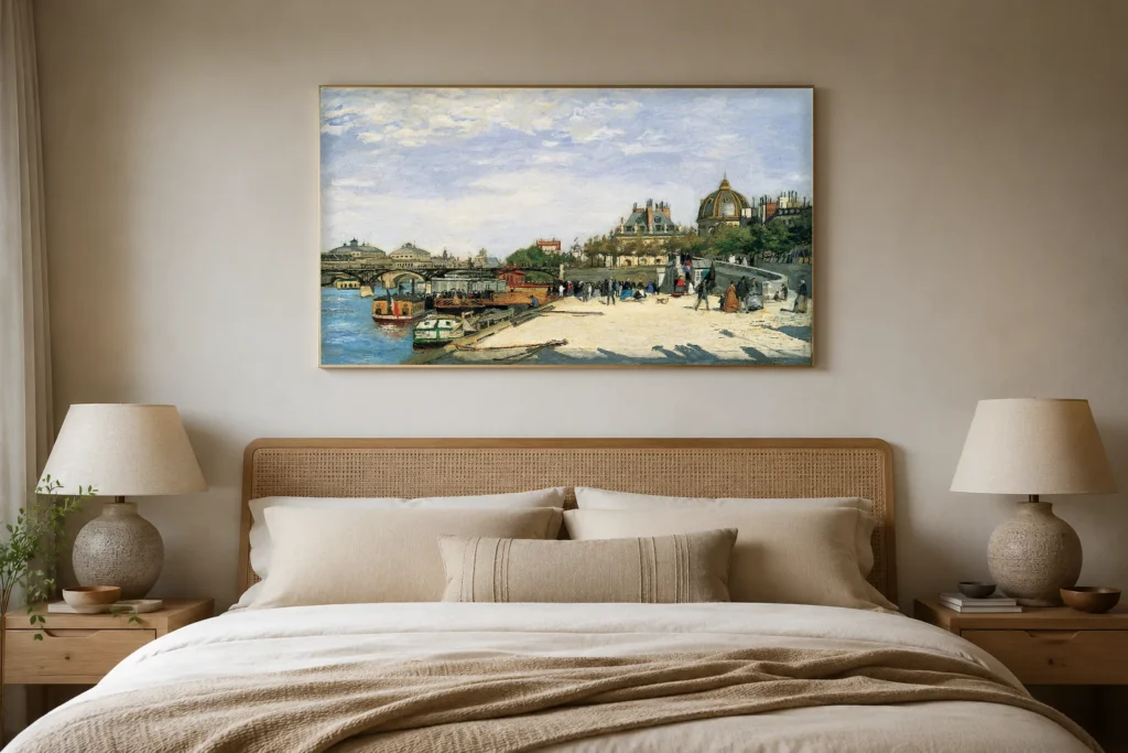 Framed print of The Pont des Arts, Paris hanging on a wall in a furnished room