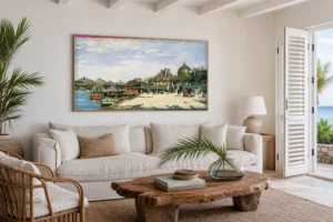 Framed print of The Pont des Arts, Paris hanging on a wall in a furnished room