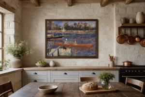 Framed print of The Seine at Argenteuil (La Seine à Argenteuil) hanging on a wall in a furnished room
