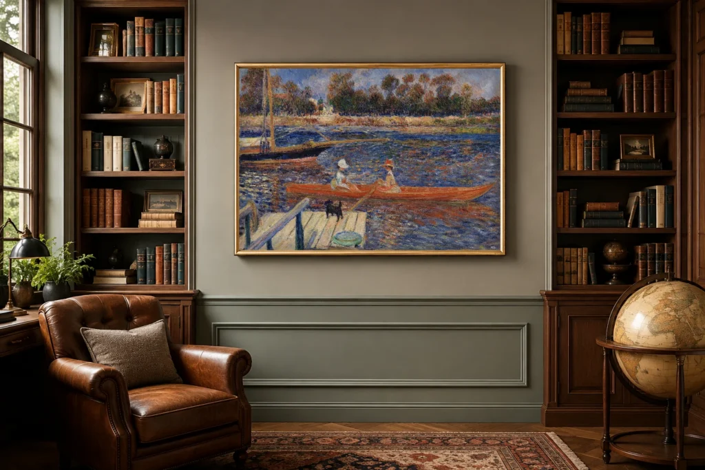Framed print of The Seine at Argenteuil (La Seine à Argenteuil) hanging on a wall in a furnished room