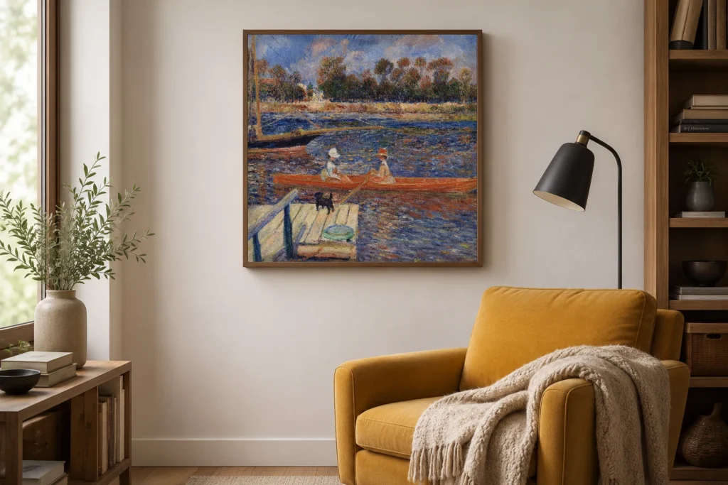 Framed print of The Seine at Argenteuil (La Seine à Argenteuil) hanging on a wall in a furnished room
