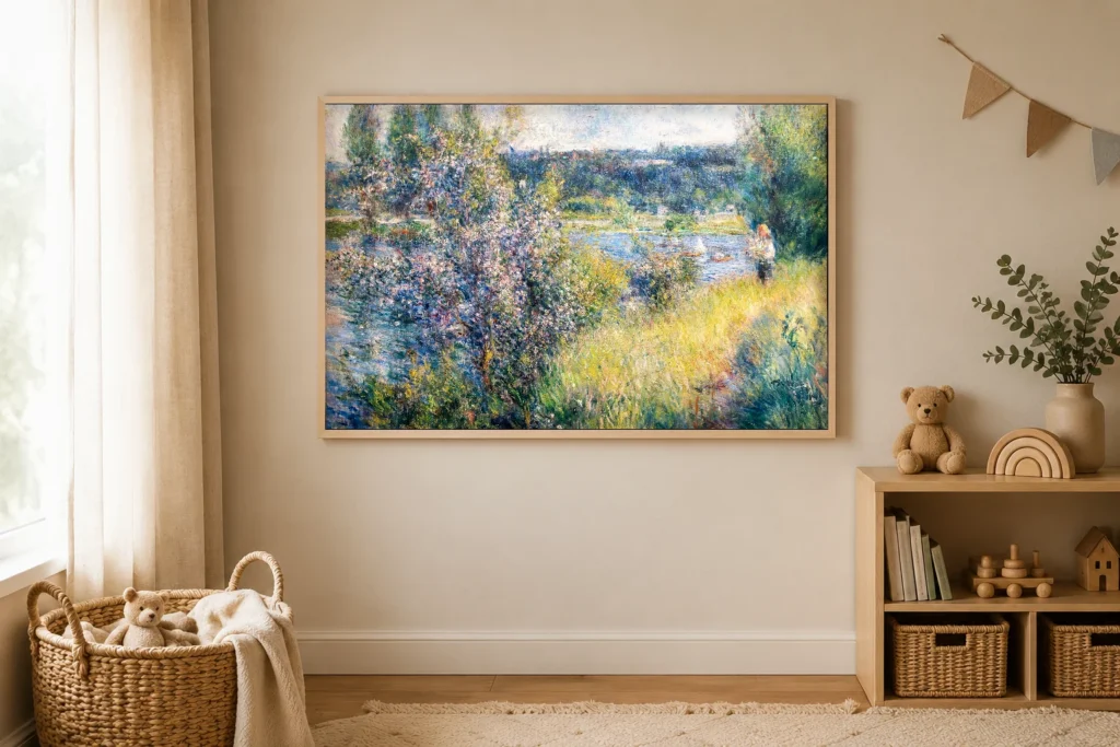 Framed print of The Seine at Chatou hanging on a wall in a furnished room