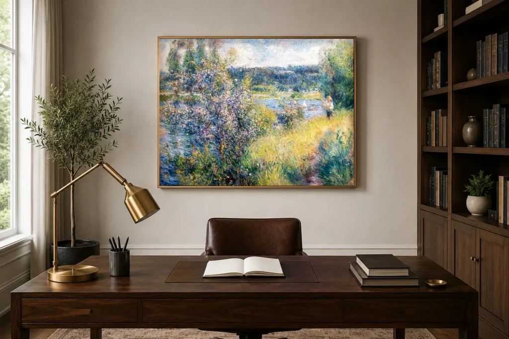 Framed print of The Seine at Chatou hanging on a wall in a furnished room