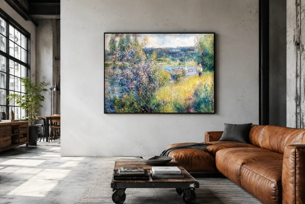 Framed print of The Seine at Chatou hanging on a wall in a furnished room