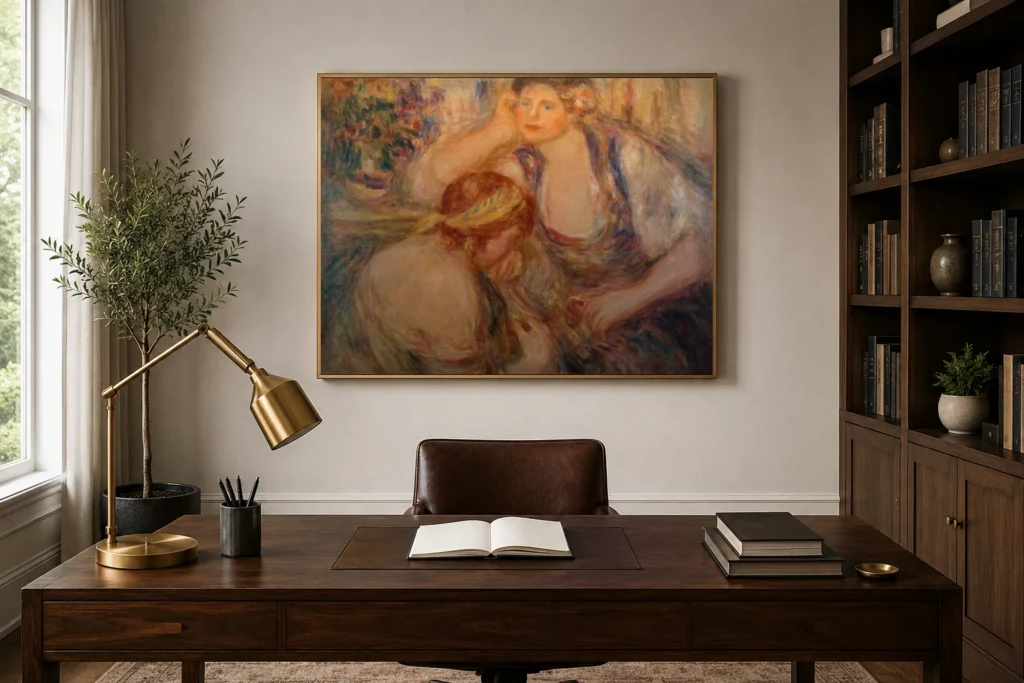 Framed print of The Serenade hanging on a wall in a furnished room