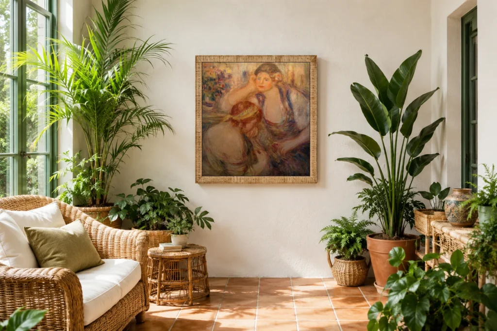 Framed print of The Serenade hanging on a wall in a furnished room