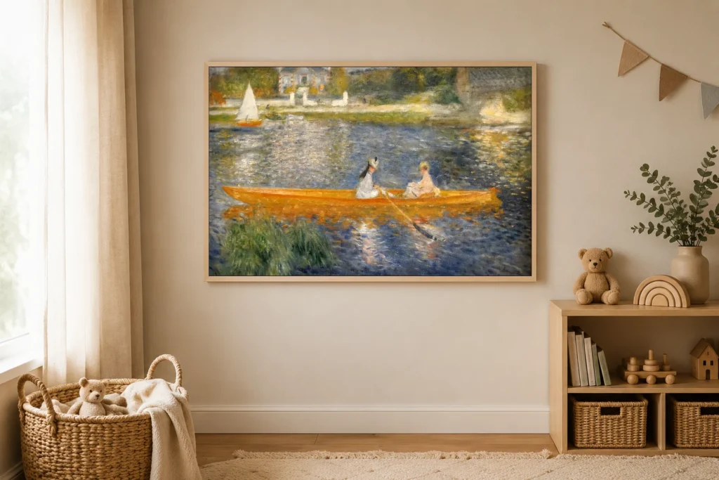 Framed print of The Skiff (La Yole) hanging on a wall in a furnished room