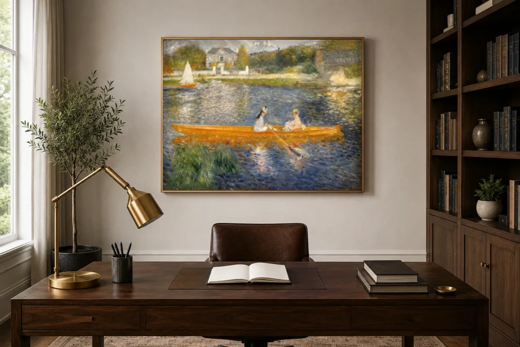 Framed print of The Skiff (La Yole) hanging on a wall in a furnished room