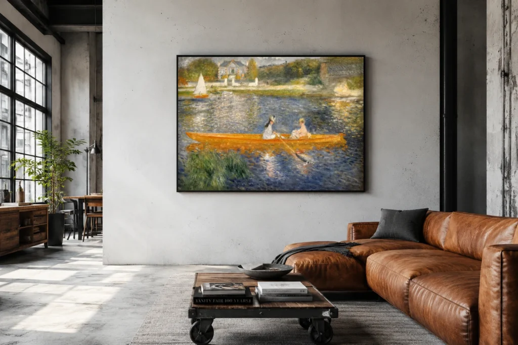 Framed print of The Skiff (La Yole) hanging on a wall in a furnished room