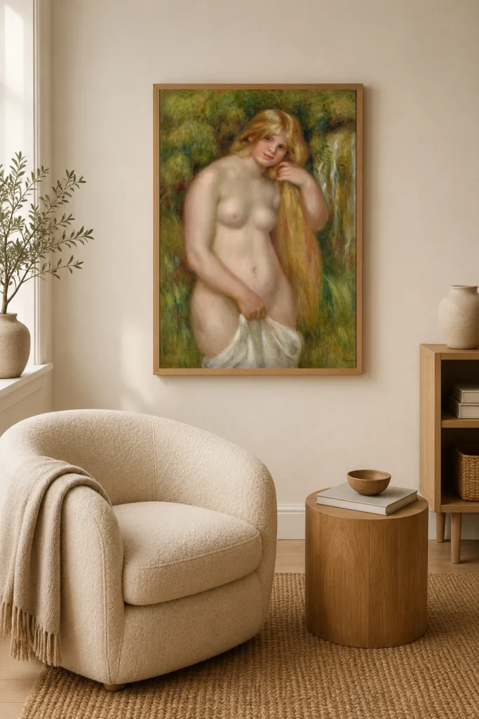 Framed print of The Source hanging on a wall in a furnished room