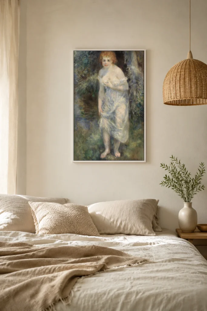 Framed print of The Source (La Source) hanging on a wall in a furnished room