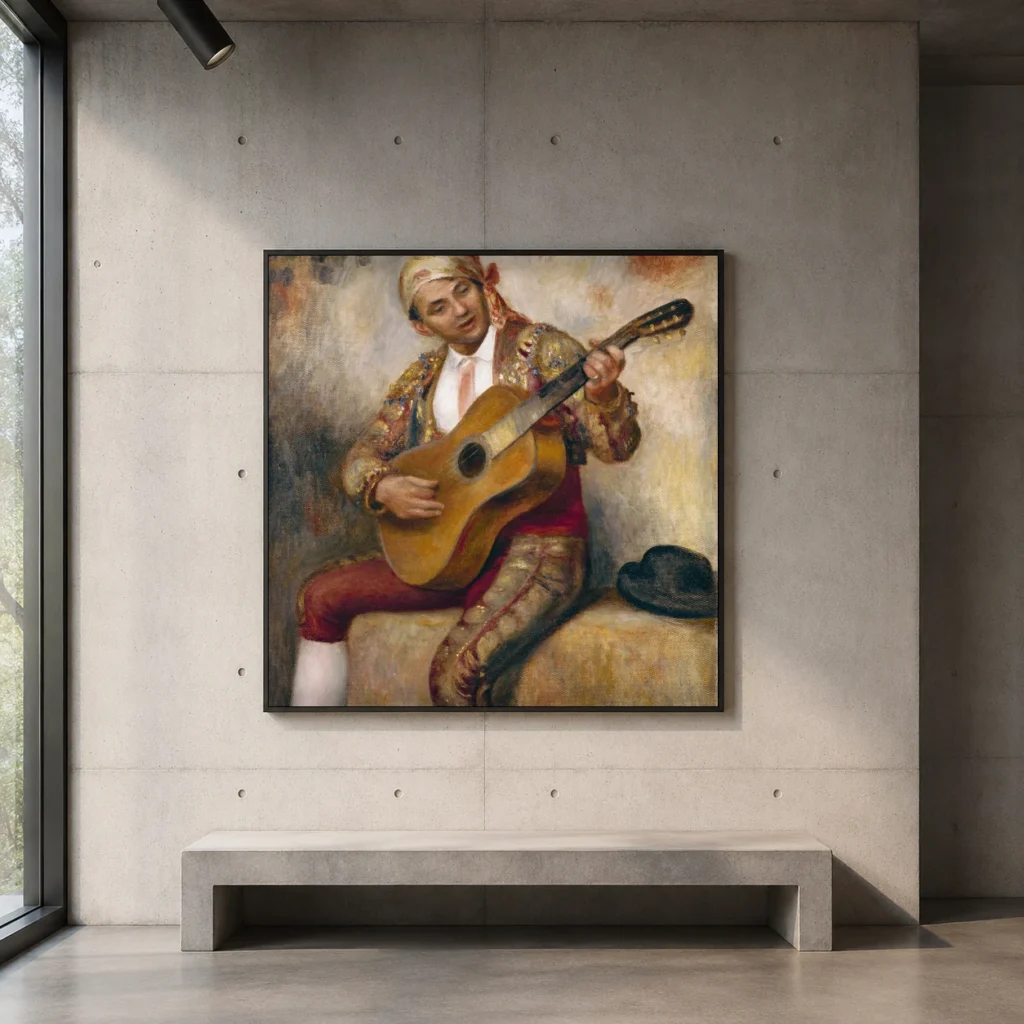 Framed print of The Spanish Guitarist hanging on a wall in a furnished room
