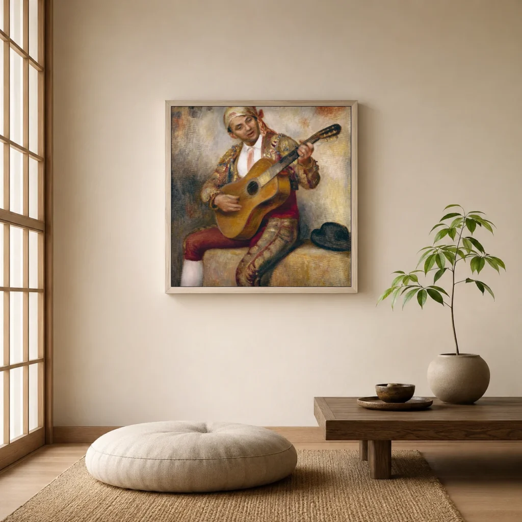 Framed print of The Spanish Guitarist hanging on a wall in a furnished room