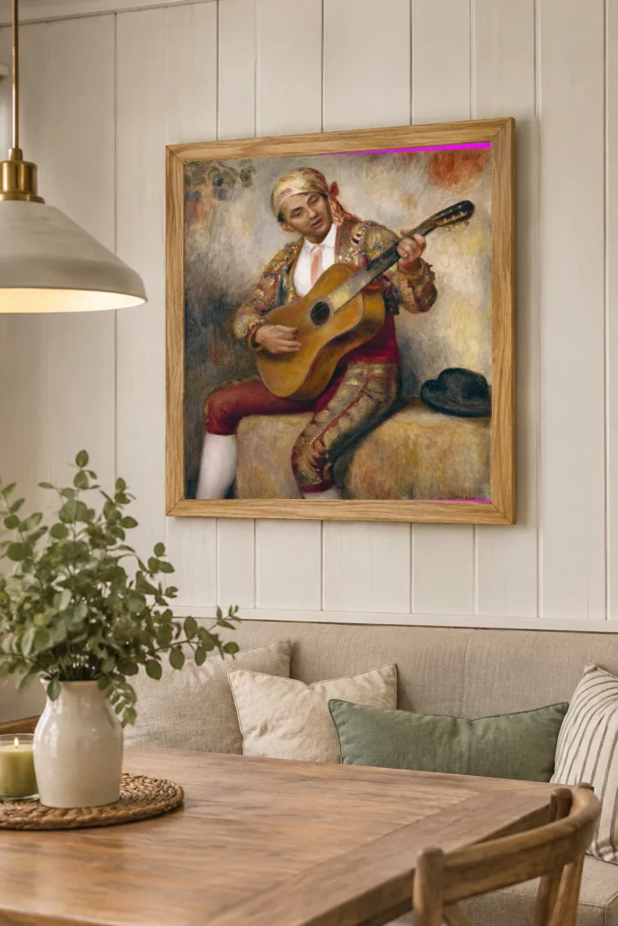 Framed print of The Spanish Guitarist hanging on a wall in a furnished room