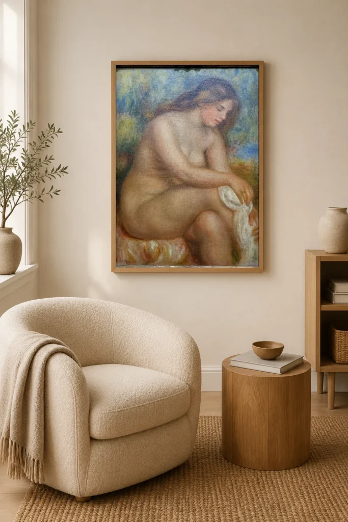 Framed print of Bather Drying her Right Leg hanging on a wall in a furnished room