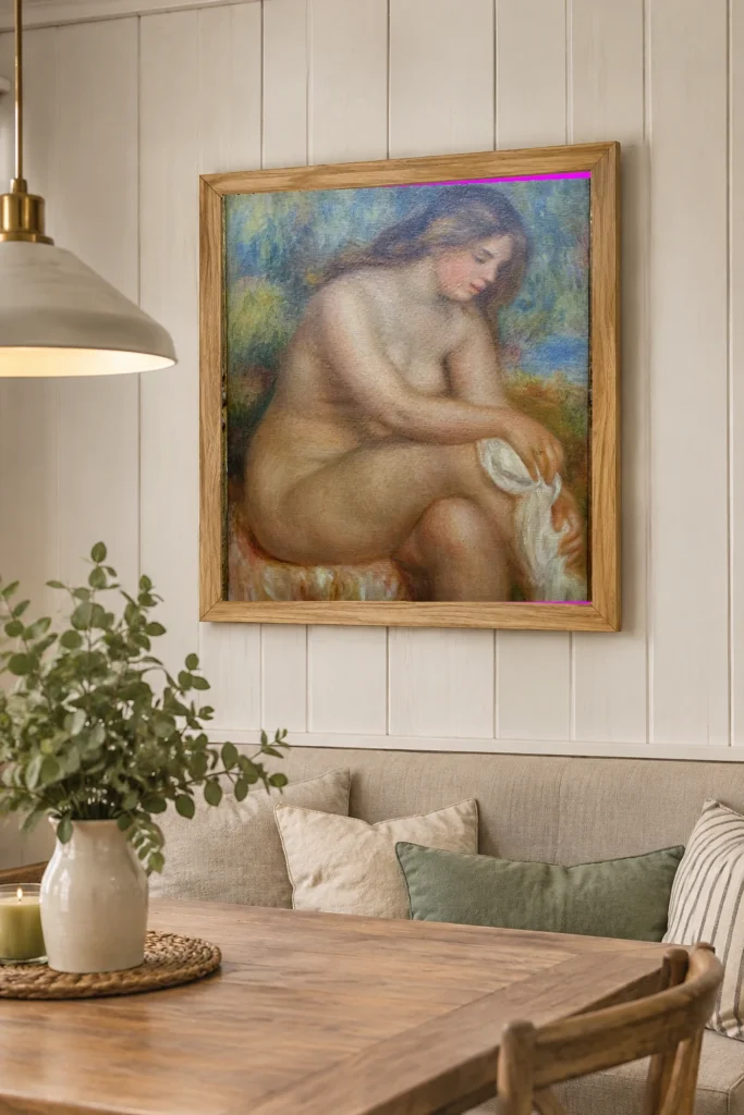 Framed print of Bather Drying her Right Leg hanging on a wall in a furnished room