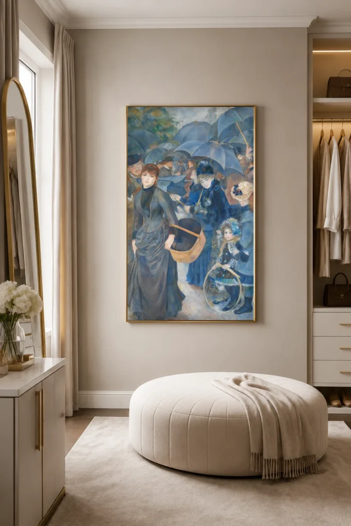 Framed print of The Umbrellas hanging on a wall in a furnished room
