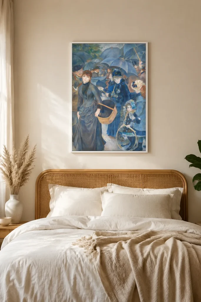 Framed print of The Umbrellas hanging on a wall in a furnished room