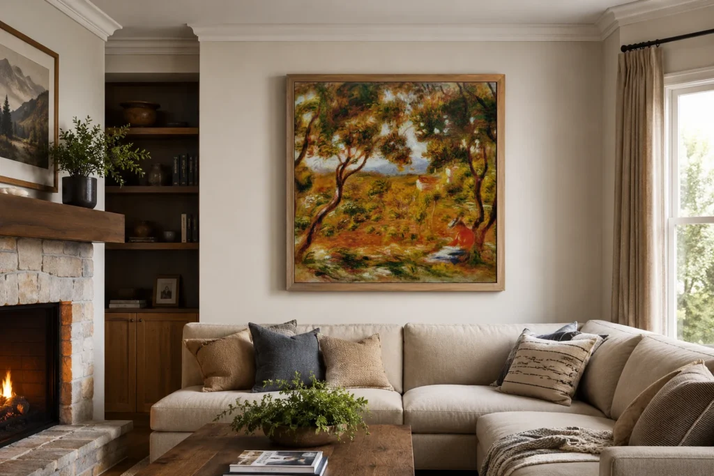 Framed print of The Vineyards at Cagnes hanging on a wall in a furnished room