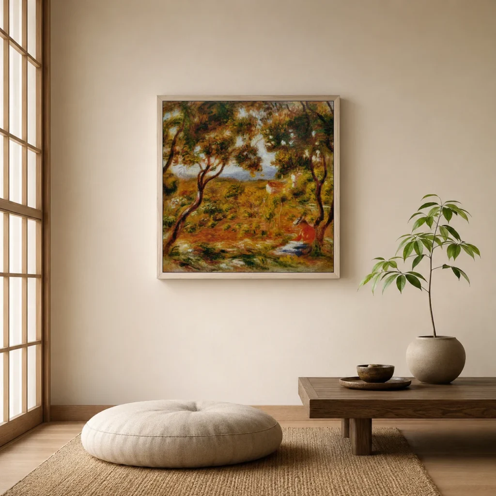 Framed print of The Vineyards at Cagnes hanging on a wall in a furnished room