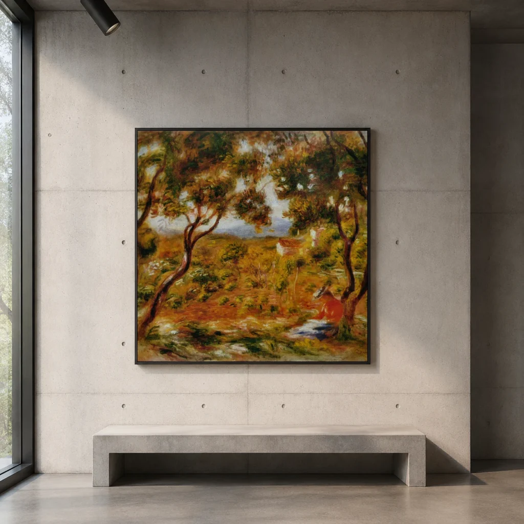 Framed print of The Vineyards at Cagnes hanging on a wall in a furnished room