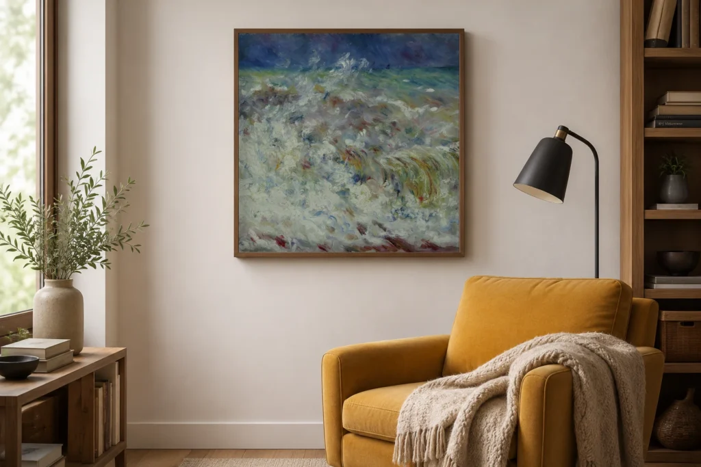 Framed print of The Wave hanging on a wall in a furnished room