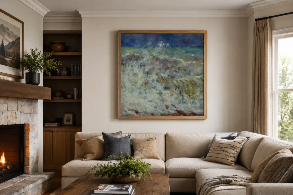 Framed print of The Wave hanging on a wall in a furnished room