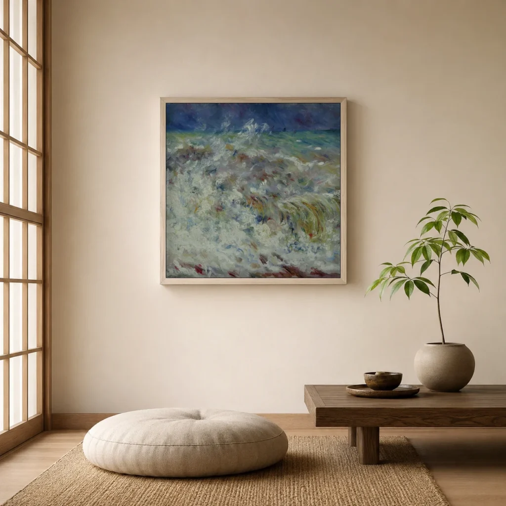 Framed print of The Wave hanging on a wall in a furnished room