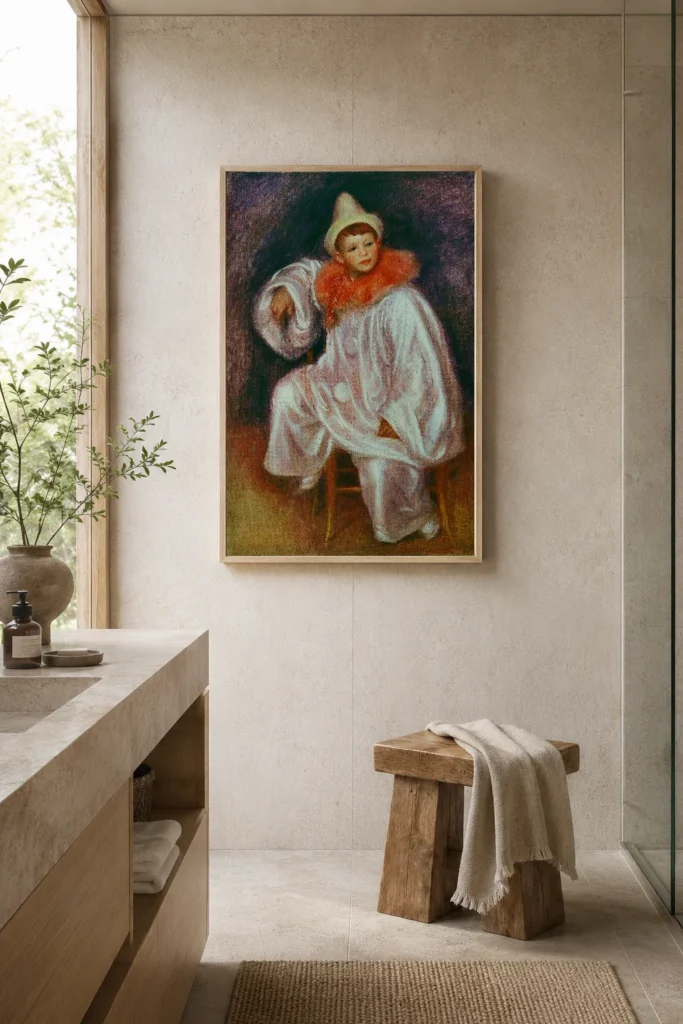 Framed print of The White Pierrot hanging on a wall in a furnished room