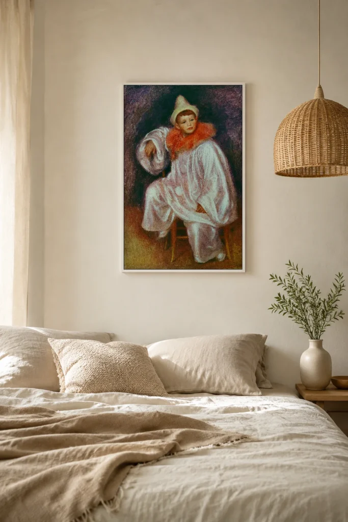 Framed print of The White Pierrot hanging on a wall in a furnished room