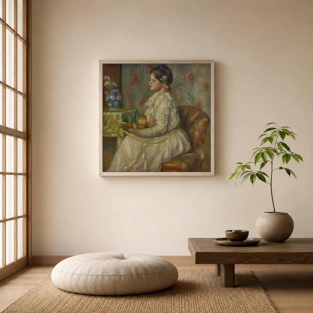 Framed print of The guitar player hanging on a wall in a furnished room