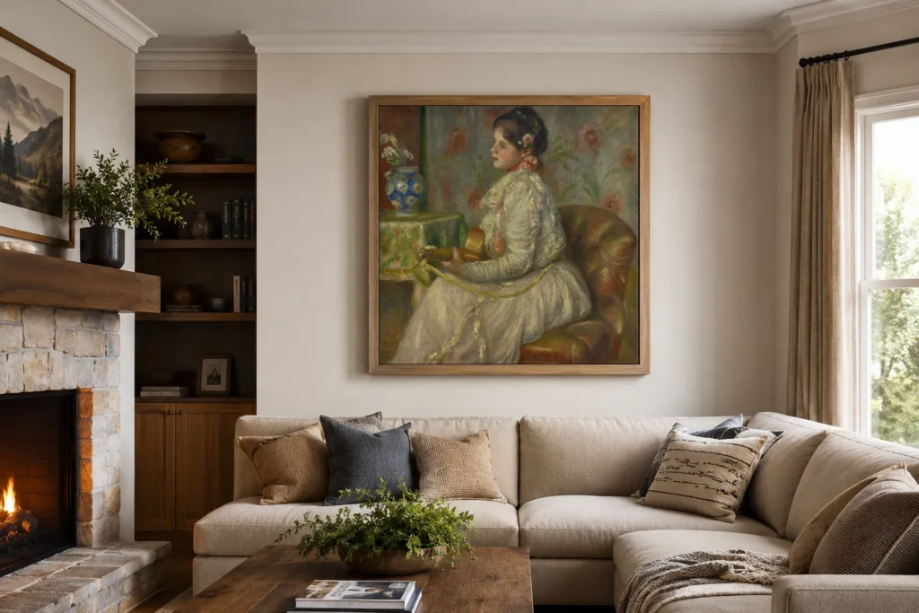 Framed print of The guitar player hanging on a wall in a furnished room